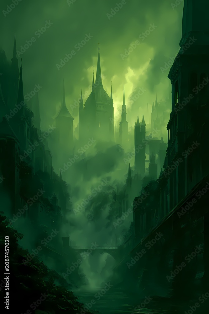 Obraz premium Castle sits atop a dark misty mountain peak.