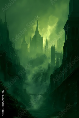 Castle sits atop a dark misty mountain peak.