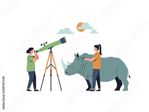 Wildlife Researchers Observing and Studying a Rhinoceros with a Telescope for Conservation Efforts