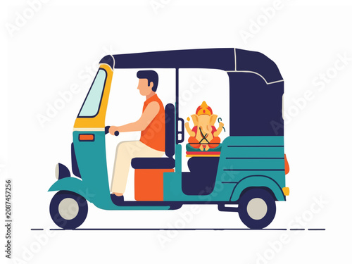 Side View Illustration of an Indian Man Driving an Auto Rickshaw Carrying Lord Ganesha Idol Statue