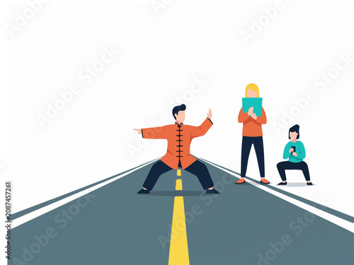 Flat Illustration of a Man Performing Traditional Kung Fu Martial Arts Pose on an Empty Asphalt Road