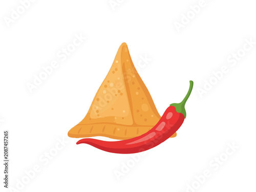 Traditional Indian Fried Samosa with Fresh Spicy Red Chili Pepper Illustration on White Background