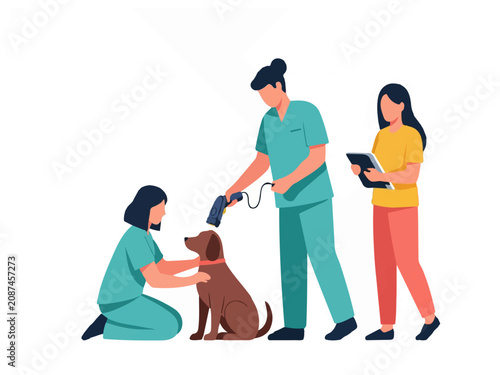 Professional Veterinarians Scanning a Dog for Microchip in Clinic Flat Vector Illustration Isolated