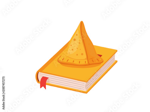 Traditional Indian Samosa Snack Placed on a Yellow Book Cover with Bookmark Vector Illustration