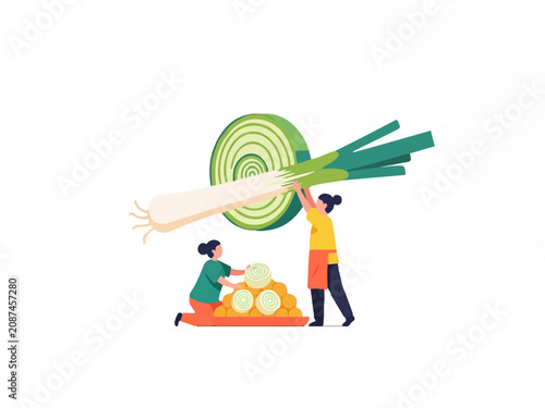 Tiny People Preparing Giant Fresh Leek and Green Vegetables for Cooking Flat Vector Illustration