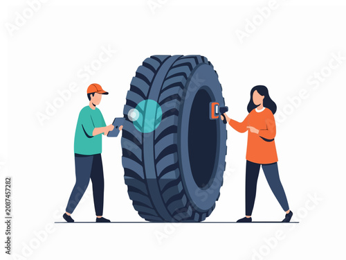 Professional Mechanics Inspecting Large Industrial Truck Tire for Quality Control and Maintenance