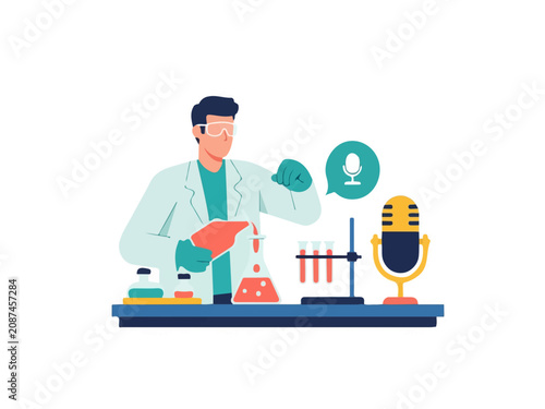 Male Scientist in Lab Coat Conducting Chemical Experiment While Recording Podcast or Broadcasting Live