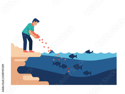 Man Feeding Fish in the Water Pond from the Edge of the Shore Flat Vector Illustration Design