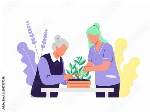 Professional Caregiver Assisting Elderly Woman with Gardening Activities and Planting for Therapy