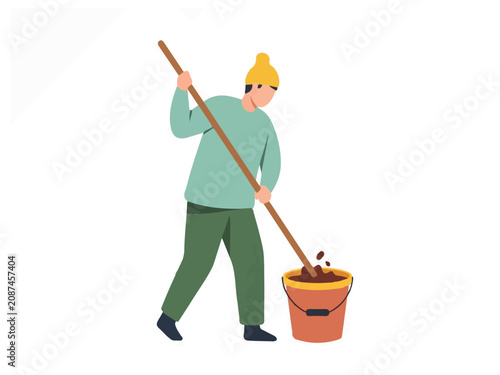 Man Gardener Mixing Organic Soil or Fertilizer in a Bucket Using Long Pole Vector Illustration