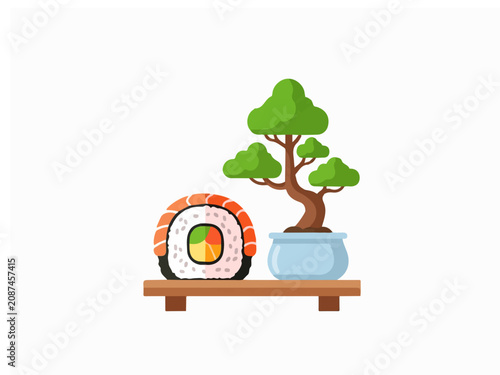 Japanese Cuisine Concept Featuring Salmon Sushi Roll and Green Bonsai Tree on Wooden Stand Vector