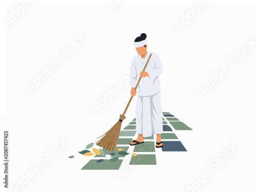 Traditional Balinese Hindu Man in White Dress Sweeping Dry Leaves with a Broom Illustration