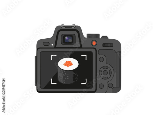 Professional DSLR Camera Capturing a Piece of Sushi Maki Roll for Food Photography Content Creation