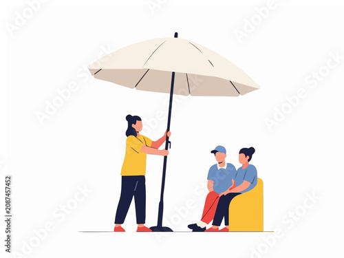 Flat Vector Illustration of Professional Staff Providing Shade with a Large Umbrella for a Couple