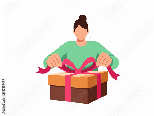 Young Woman Opening or Tying a Pink Ribbon on a Large Gift Box Illustration for Celebration and Holidays