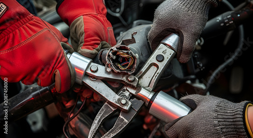 Close-Up of Two Technicians Repairing Automotive Steering System with Professional Tools and Safety Gear