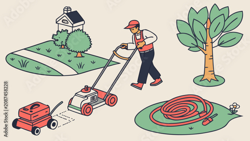 Принти на полотні Gardener mowing lawn and watering garden vector illustration with gardener