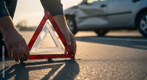 Manual Placement of Warning Triangle on Road After Vehicle Accident with Damaged Car in the Background During Sunset
