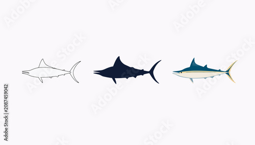 Obraz na plátně Three distinct shark silhouettes in stylized designs