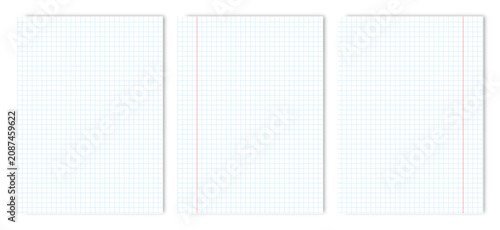 Foto Realistic graph paper sheet set with blue square grid and notebook pages with margins