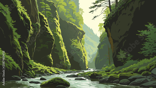 Quadro su tela Narrow river flowing through rocky canyon landscape with green trees, landscape