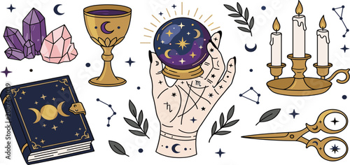 Foto Mystical Astrology Vector Element Set with Fortune Teller Hand Crystal Ball Magi