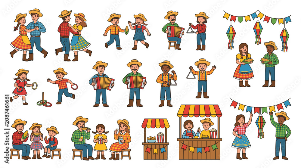 Fototapeta premium Festa Junina Celebration Vector Set with Cartoon People Dancing Playing Music and Traditional Food Stalls for Brazilian June Festival