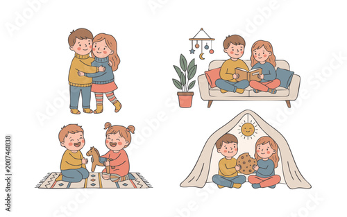 Happy Family with Son and Daughter Vector Set Showing Parents and Children Spending Quality Time Together Flat Illustration