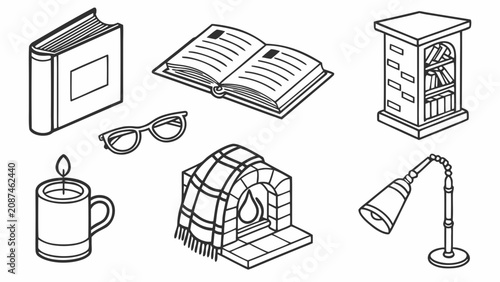 Canvastavla Cozy home and reading time icons set including books fireplace candle lamp
