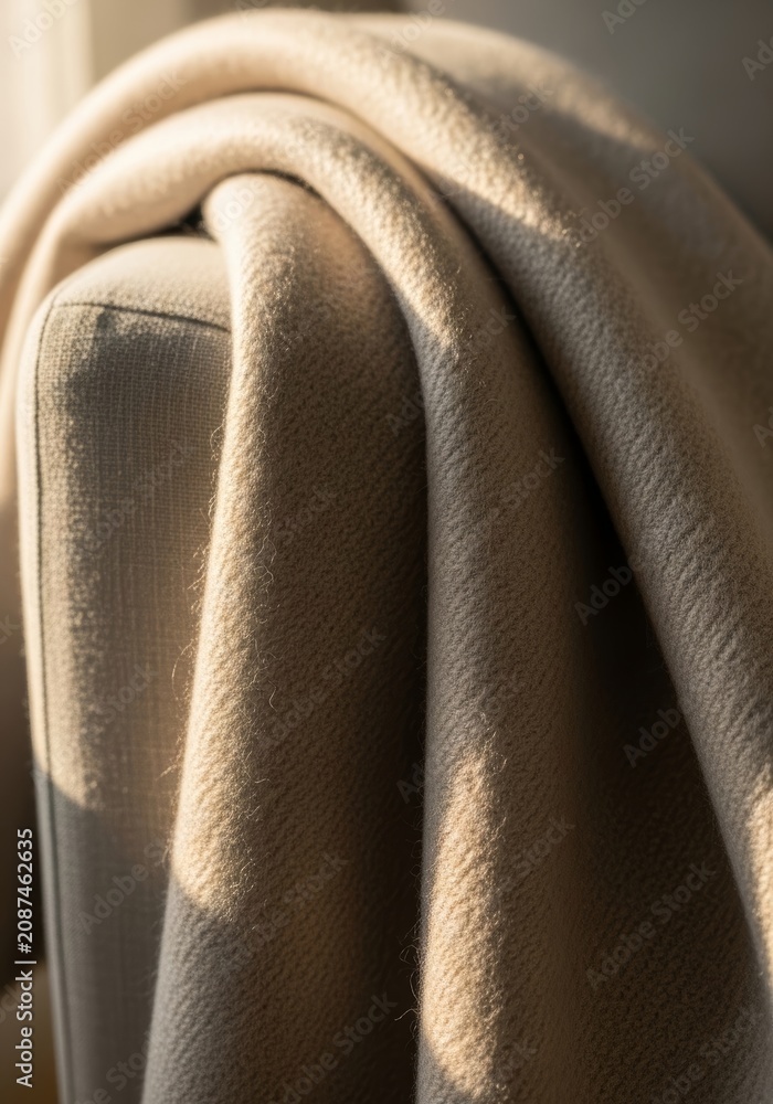 Obraz premium Cozy beige wool blanket draped over comfortable armchair. Soft textile fabric texture in warm natural light. Home interior decor, relaxation, hygge style and lifestyle concept.