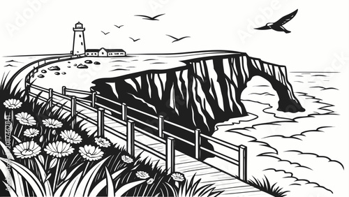 Foto Coastal lighthouse landscape sketch on rocky cliffside illustration