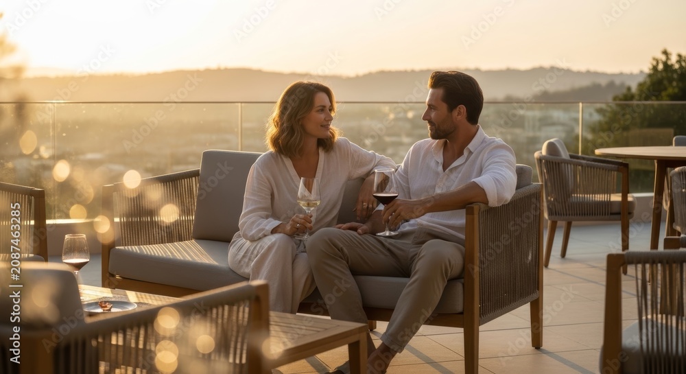 Fototapeta premium Man and woman drinking wine on a luxury hotel terrace at sunset. Couple enjoying a romantic evening date, relaxing outdoors with drinks. Summer vacation and lifestyle celebration.