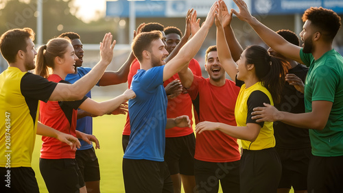 Diverse soccer team celebrating a victory with high fives on a sunny field