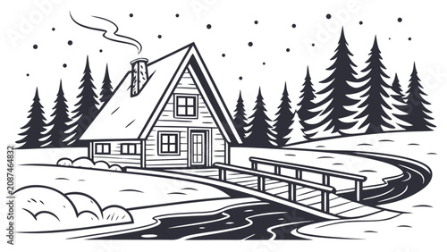Photos Winter wooden cabin landscape in forest with landscape vacation secluded