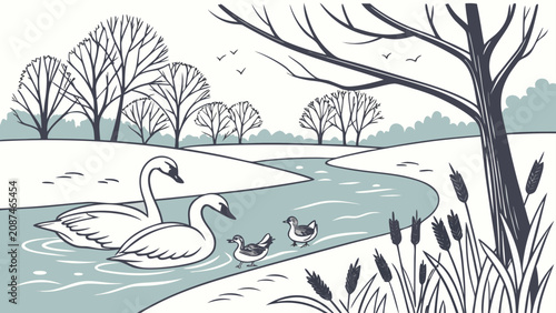 Εκτύπωση καμβά Monochrome line art drawing of swans swimming in a river with wildlife, swimming