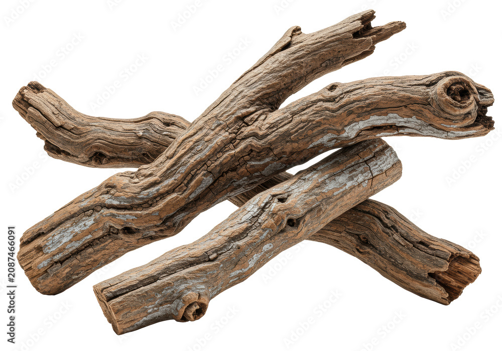 Fototapeta premium Three thick, highly detailed desiccated oak branches, gnarled and textured with fissures, captured in a sharp macro shot against infinite white studio backdrop, concept of resilience and natural decay