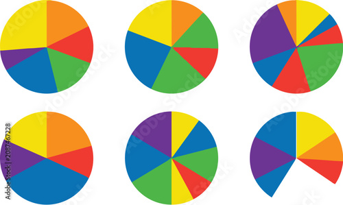 Six colorful circular pie charts displaying diverse data segments and proportional distribution on a clean white background, ideal for business presentations, statistics, and educational analytics.