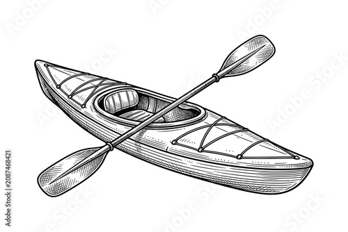 Kayak with Paddle Engraving Illustration