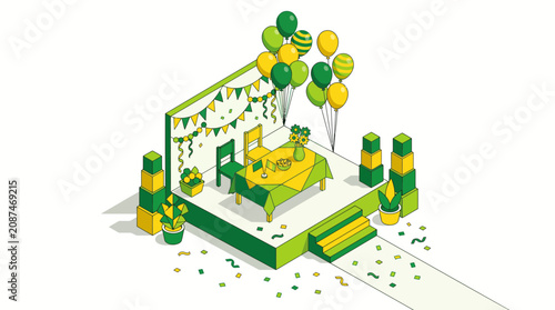 Isometric party scene with balloons, bunting, table, chairs, and confetti