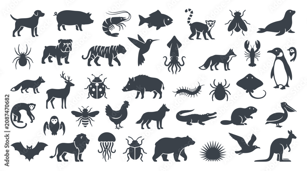 Obraz premium Large set of various wild and domestic animal silhouettes icons on white background, representing wildlife diversity, provides graphic elements for educational content and branding logo design
