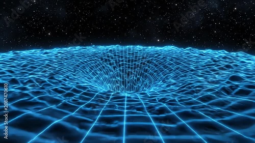 Digital simulation of a luminous blue grid expanding and contracting across a dark horizon to represent temporal gravity and spacetime curvature