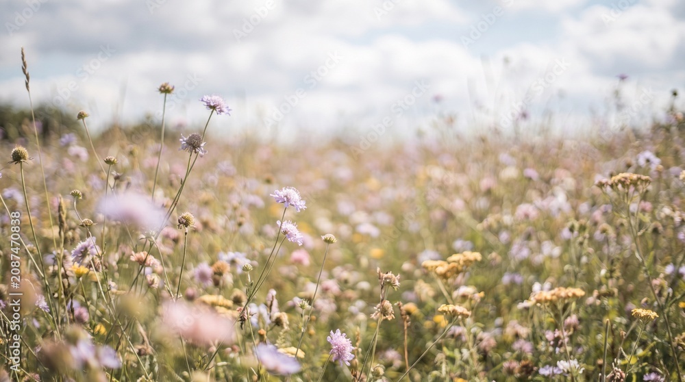 Fototapeta premium A wild flower meadow blurred softly into a bokeh background
