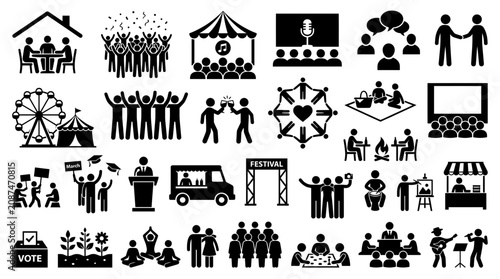 set of black pictogram icons showing diverse people participating in community events and social gatherings, representing community engagement projects and illustrating public event planning