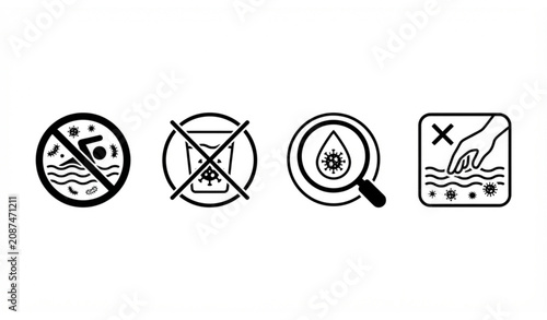 Fotografía Biological water contamination warning labels with bacteria and virus illustrati