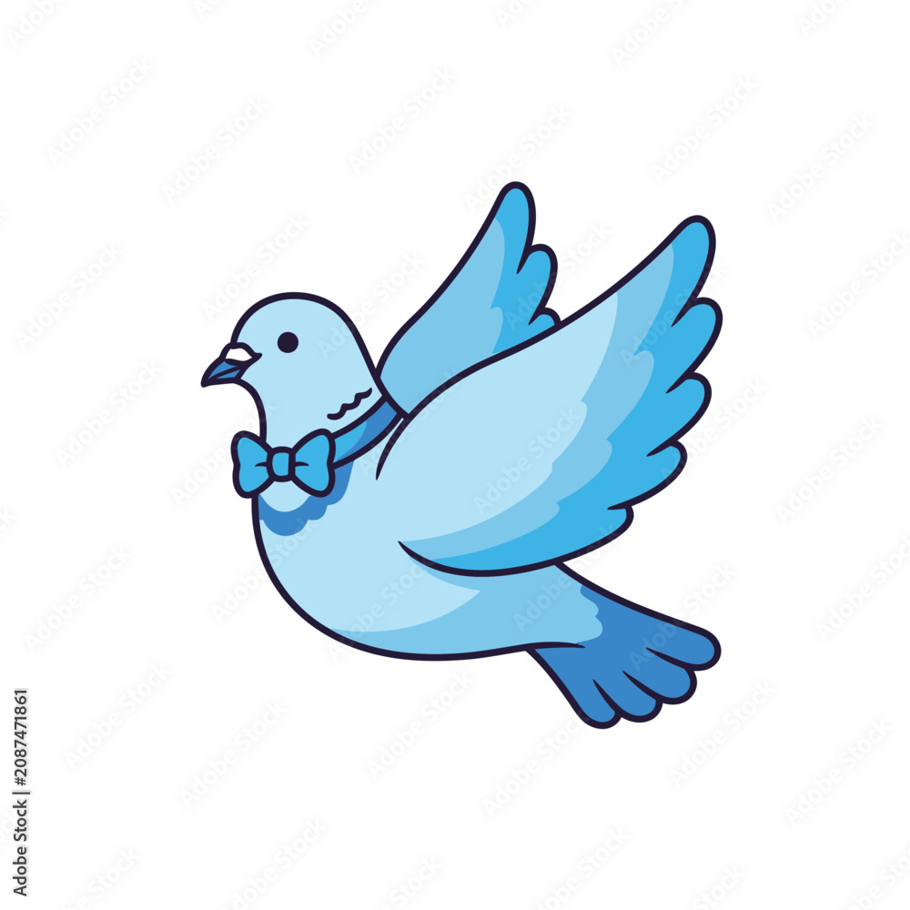 Fototapeta premium Blue dove with bow tie, flying, cartoon style