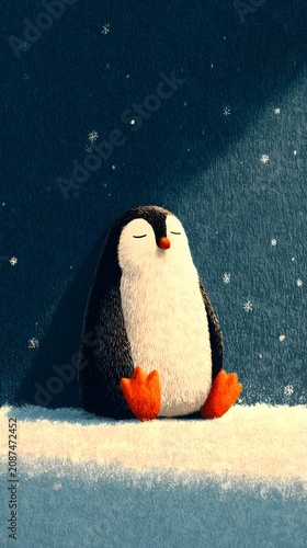 Serene Penguin Meditating in Snowfall at Night, Illustrative Winter Animal Tranquility