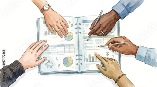 Diverse team collaborating on financial reports and charts in a meeting