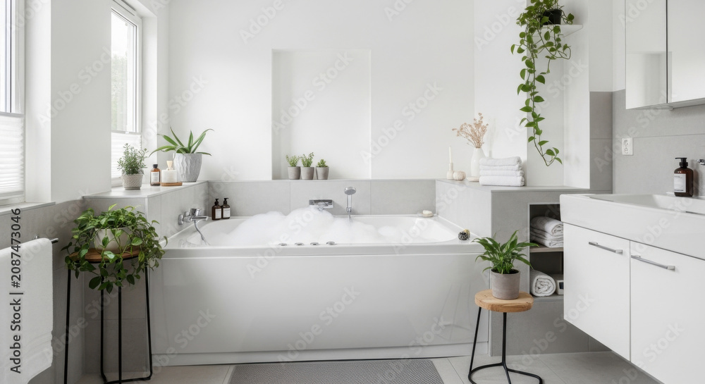 Fototapeta premium Modern Bathroom Oasis With Bubbling Bathtub And Lush Greenery