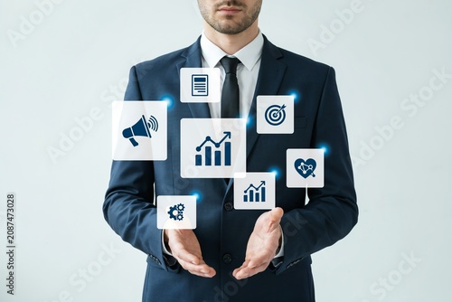 Business Professional Presenting Digital Business Strategy Icons For Growth And Corporate Innovation