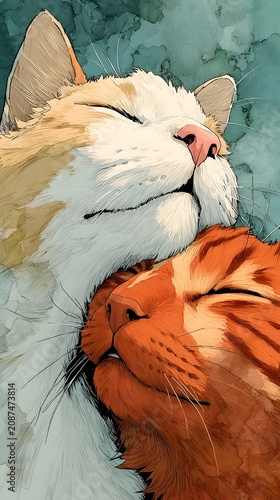 Tranquil Cat Companionship in Watercolor Style: Cozy Nuzzling in Artistic Vignette
